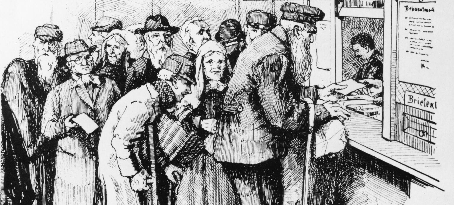 Zeichnung von alten und kranken Menschen, die an einem Schalter anstehen. Thema Sozialversicherungen