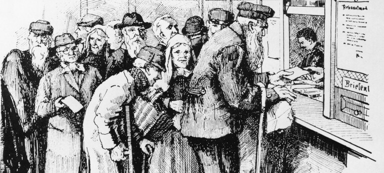 Zeichnung von alten und kranken Menschen, die an einem Schalter anstehen. Thema Sozialversicherungen